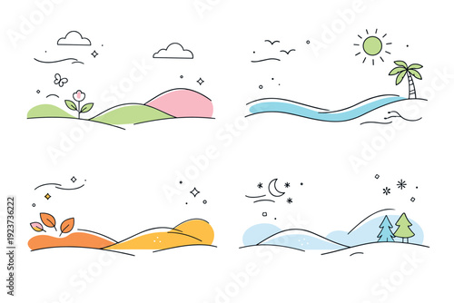 Seasonal promotion backgrounds. Minimal landscape-inspired forms suggesting spring, summer, autumn, or winter without literal details.