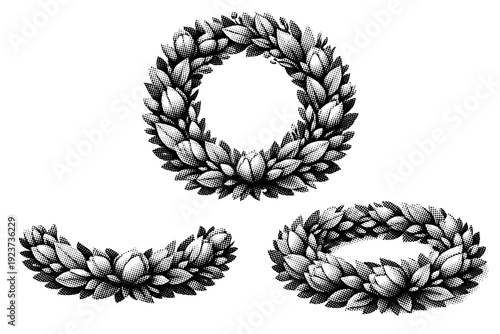 Halftone Botanical Wreath. Black and white halftone botanical wreath A dense botanical wreath with layered leaves and buds depicted in front view, side view,
