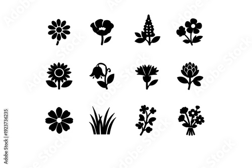 Vibrant wildflowers blooming in a meadow. Solid icon set of vibrant wildflowers blooming in a meadow: daisy flower, poppy bloom, lupine