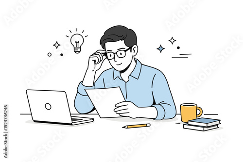 People adjusting glasses at work. A person sits at a desk or table, lifting glasses slightly while reading or thinking. Calm concentration and focus.