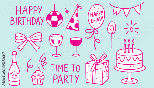 Cute Pink Birthday Party Doodle Set with Cake, Gift, Balloons and Celebration Elements Vector Illustration