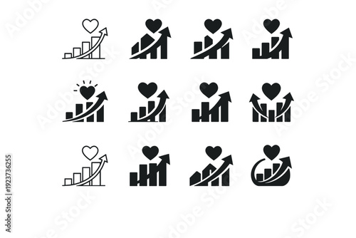 Charity fundraiser goal. Icon set. Set Logo of Charity fundraiser goal: upward graph with heart. harmonious logo variations of the same