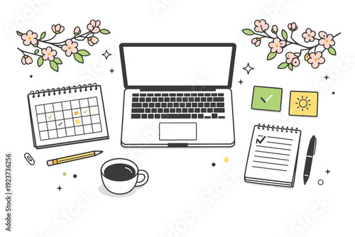 Spring productivity concept. A top-down view of a desk with a laptop, calendar, sticky notes, and blooming branches, fresh and motivating