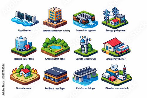 Resilient Infrastructure. Colorful isometric vector icons set of Resilient Infrastructure: flood barrier, earthquake-resistant building,