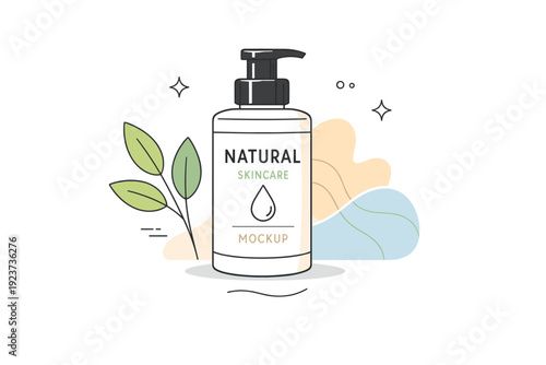 Natural cosmetic mockups. A minimal skincare bottle with a clean label, placed next to simple leaves and soft organic shapes. Calm eco-friendly mood and