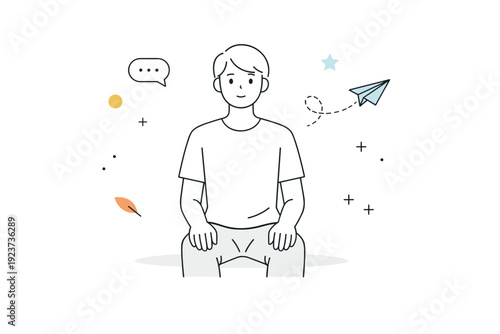 Emotional neutrality visuals. A person standing or sitting with open posture and hands resting, neither tense nor expressive. Composure,