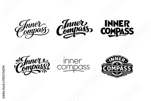 Inner Compass. Set lettering. harmonious lettering variations of the same emblematic concept, each with different artistic interpretation