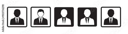 Professional identity card icons showing male businessman profiles in square frames for office id badge