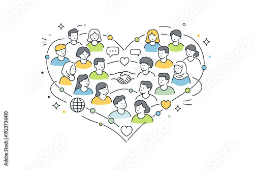 Peace and Unity Days. A calm crowd forming a heart shape from above, abstract lines and symbols connecting them, representing collective spirit and empathy.