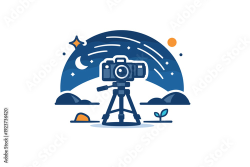 Night photography and long exposure focused on a camera on a tripod under a starry sky, expressing patience, precision and creative control