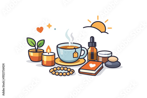 Self care routine simple morning ritual with tea, sunlight, and small wellness items, expressing mindfulness, comfort, and intentional slow