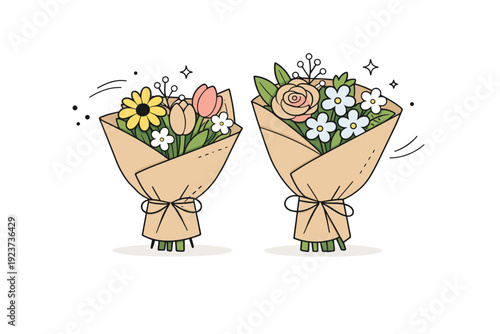 Paper-wrapped bouquets minimal style. Two paper-wrapped bouquets placed side by side with slight variation in height and angle.