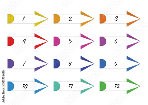 numbered colorful arrow bullets/ sequential step arrow bullets/ colorful pointer arrows infographic/ numbered arrows for steps/ process sequence arrow design
