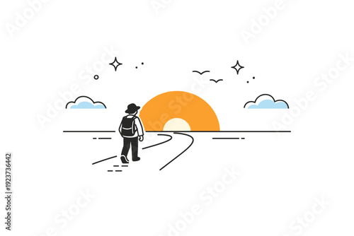 Sunset later walks as a visual metaphor. A small figure moving toward a warm horizon, sky wide and open. Symbol of slowing down, reflection,