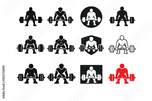 Someone lifting heavy weights at the gym. Icon set. Set Logo of Someone lifting heavy weights at the gym: deadlift stance figure. harmonious logo variations of