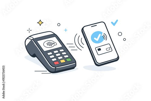 Mobile payment process. A phone hovering near a payment terminal, gentle motion lines showing tap-to-pay interaction. The mood communicates speed, trust, and