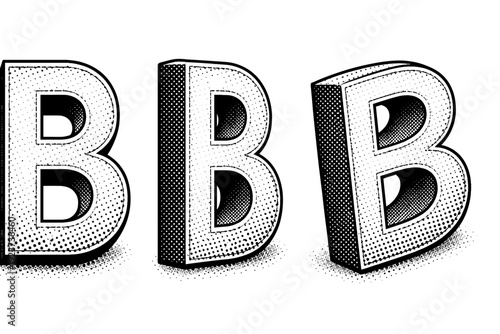 Outlined typographic character object shown in three views including front view, side view, and angled view highlighting inner counters and