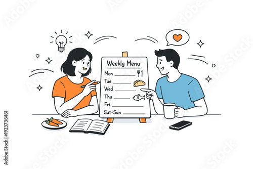 Family meal planning. Two people discussing a simple weekly menu at a table, friendly collaboration and shared routine. Decorative lines suggest conversation