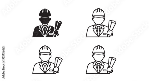 Engineer icon collection. Includes male engineer with hard hat and blueprints. Created in solid and outline styles with a black and white palette.