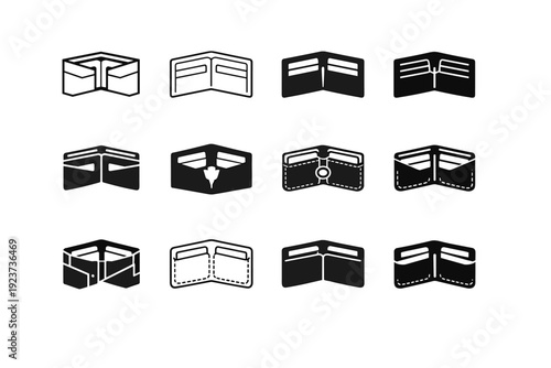 Old Leather Wallet. Icon set. Set Logo of Old Leather Wallet: open wallet with card slots. harmonious logo variations of the same emblematic