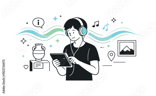 Young man with headphones using tablet in museum, enjoying art and music