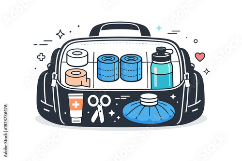Injury prevention toolkit. Sports bag open with tape, wraps, and water bottle arranged symmetrically. Trustworthy athletic care atmosphere focused on readiness