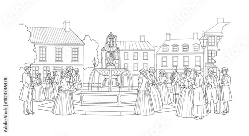 Vintage scene of people in 19th century attire gathered around historic fountain