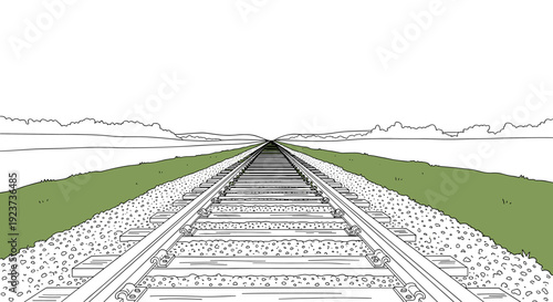 Linear perspective of railway tracks with scenic green landscape
