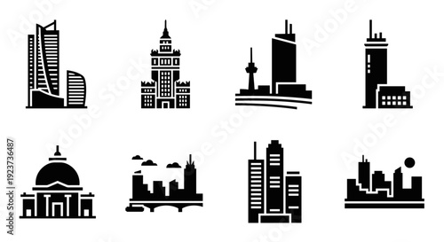 Silhouette cityscape set: iconic urban skylines in minimalist style