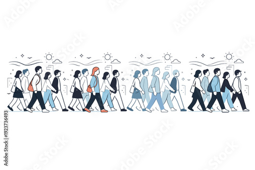 People merging with crowds. A flowing crowd scene where one highlighted figure gradually loses contrast and blends in. Visual metaphor of