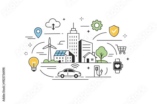 Smart city. Abstract editorial composition of city blocks, icons, and gentle motion lines, expressing connected living and future-ready