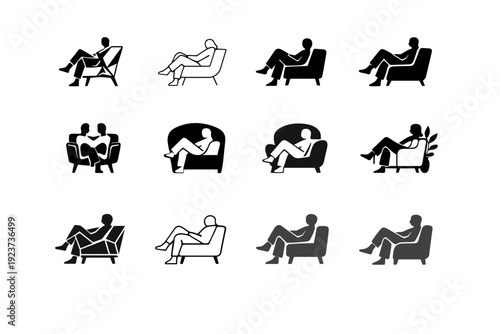 A person lounging at home in a chic loungewear set. Icon set. Set Logo of A person lounging at home in a chic loungewear set: minimalist home