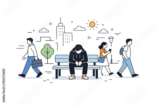 Loneliness in modern cities. A person sitting alone on a bench in a simplified city environment, people passing by without connection. The scene captures quiet