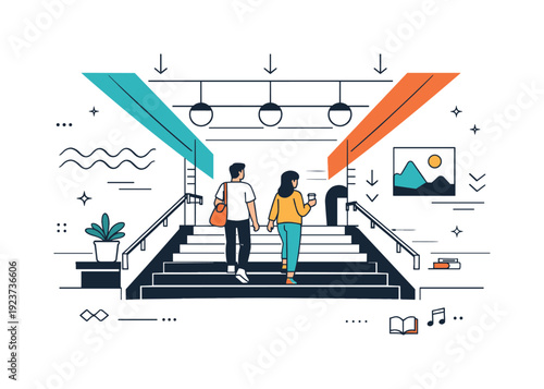 Couple walking up stairs in a modern, stylized subway station with artistic elements