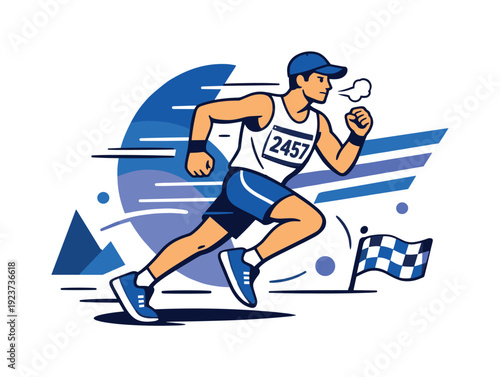 Running and participating in marathons. A runner pushes forward on an open road, bib number