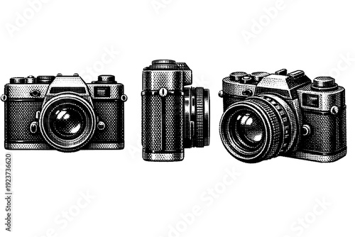 Dot infused collage kit vintage camera A classic film camera is shown as a single object from three different views: front view, side view,