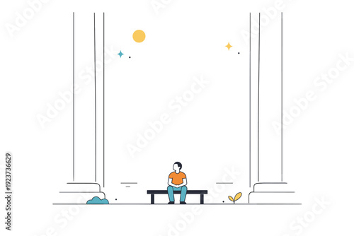 Human scale in large spaces. A lone figure sits on a bench beneath tall walls or columns, leaving much empty space above. Calm pause inside