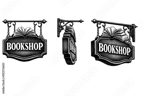 Bookshop hanging sign. A realistic bookshop hanging sign shown as a single object from three different angles: front view, side view, and