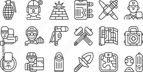 Collection of various construction and industry related icons isolated on transparent background