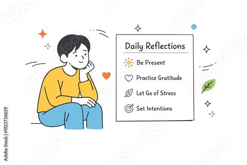 Mindful daily reflection. A person pauses and thinks while looking at a short list of thoughts, capturing awareness and inner clarity. The