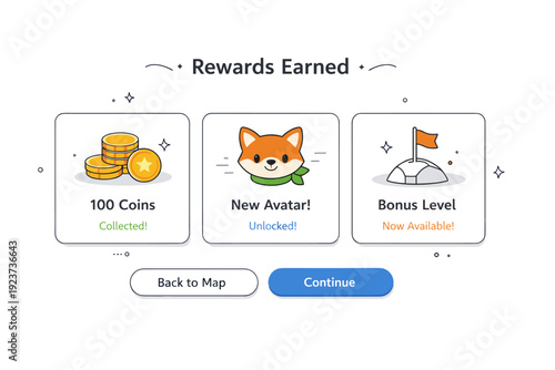 Ethical Game Interface. Non-addictive reward interface. A user interface with muted tones and soft icons showing rewards earned without countdowns or pop-ups.