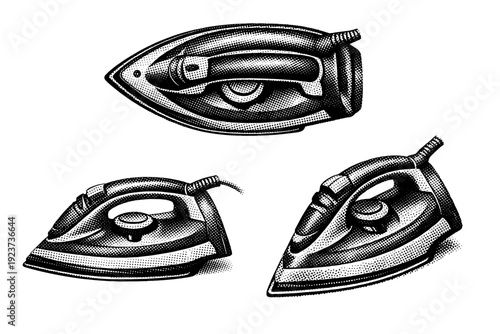 Electric clothes iron with curved handle and pointed soleplate shown in top view, side view, and three-quarter angled view as one object