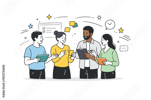 Team huddle in office. Employees standing and discussing daily tasks with tablets and sticky notes, abstract floating stars and motion lines highlighting