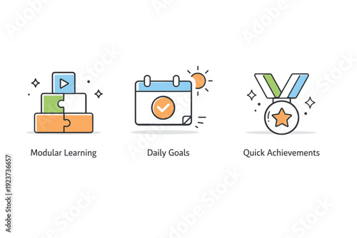 Minimal micro-learning icons. A coherent icon system illustrating modular learning, daily goals, and quick achievements, with emphasis on