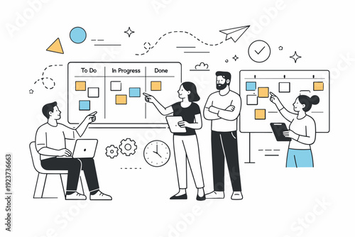 Agile sprint planning. A team reviewing sticky notes and digital boards, abstract floating shapes and motion lines representing tasks, priorities,