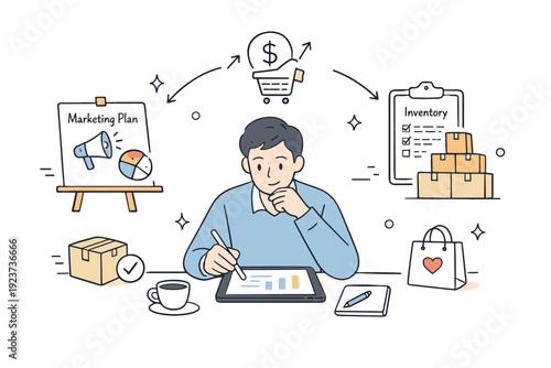 Ecommerce Growth Planning. Ecommerce growth strategy. A business owner planning marketing and inventory on a tablet, with charts and arrows showing progress.
