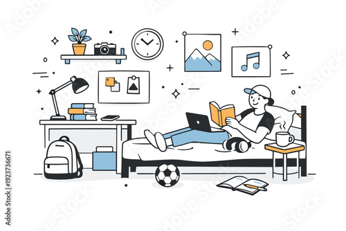 Student life concepts. A cozy dorm room scene with books, posters, and a small plant. Personal space and everyday comfort of student living. Minimalist flat