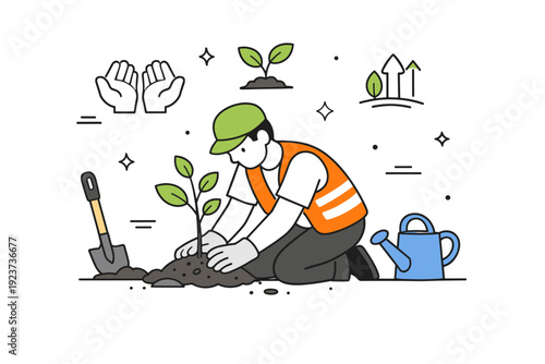 Urban sapling planting. Close-up of a young tree being planted with care by a city worker or volunteer, subtle icons of hands, growth, and
