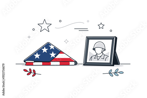 Memorial Days. Folded flag and photo frame placed gently on a table with soft light and abstract background symbols. Editorial tribute with emotional clarity