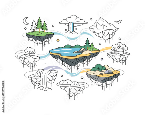 Surreal environmental art: floating nature fragments. Pieces of forests, lakes and rocks